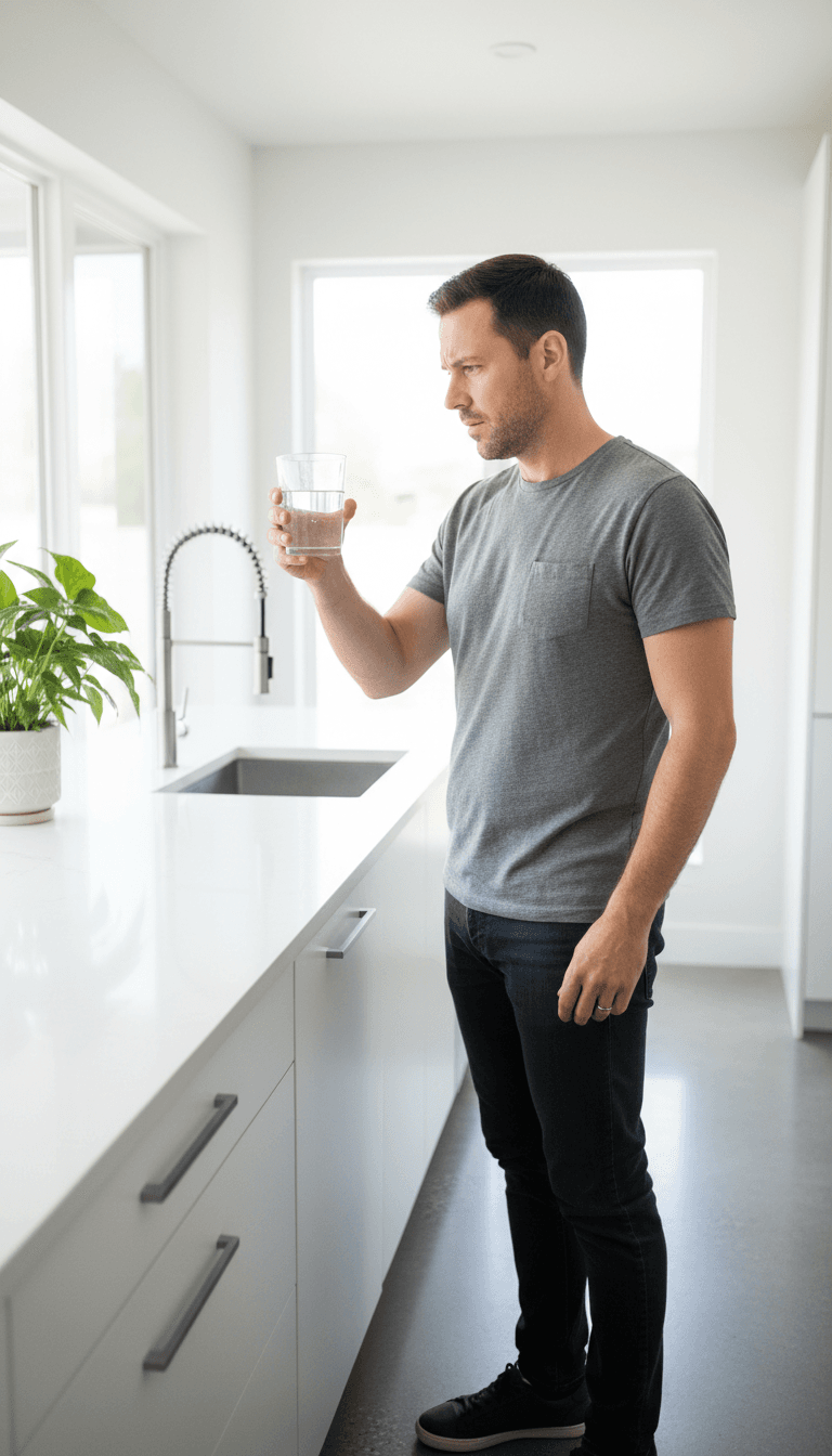 Homeowner checking water quality from kitchen tap