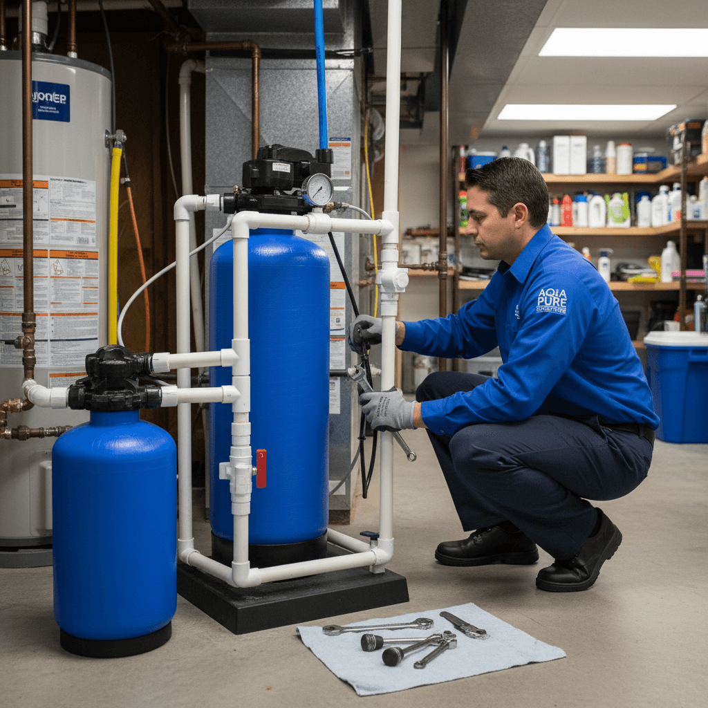 Professional water treatment technician servicing home water system in residential setting
