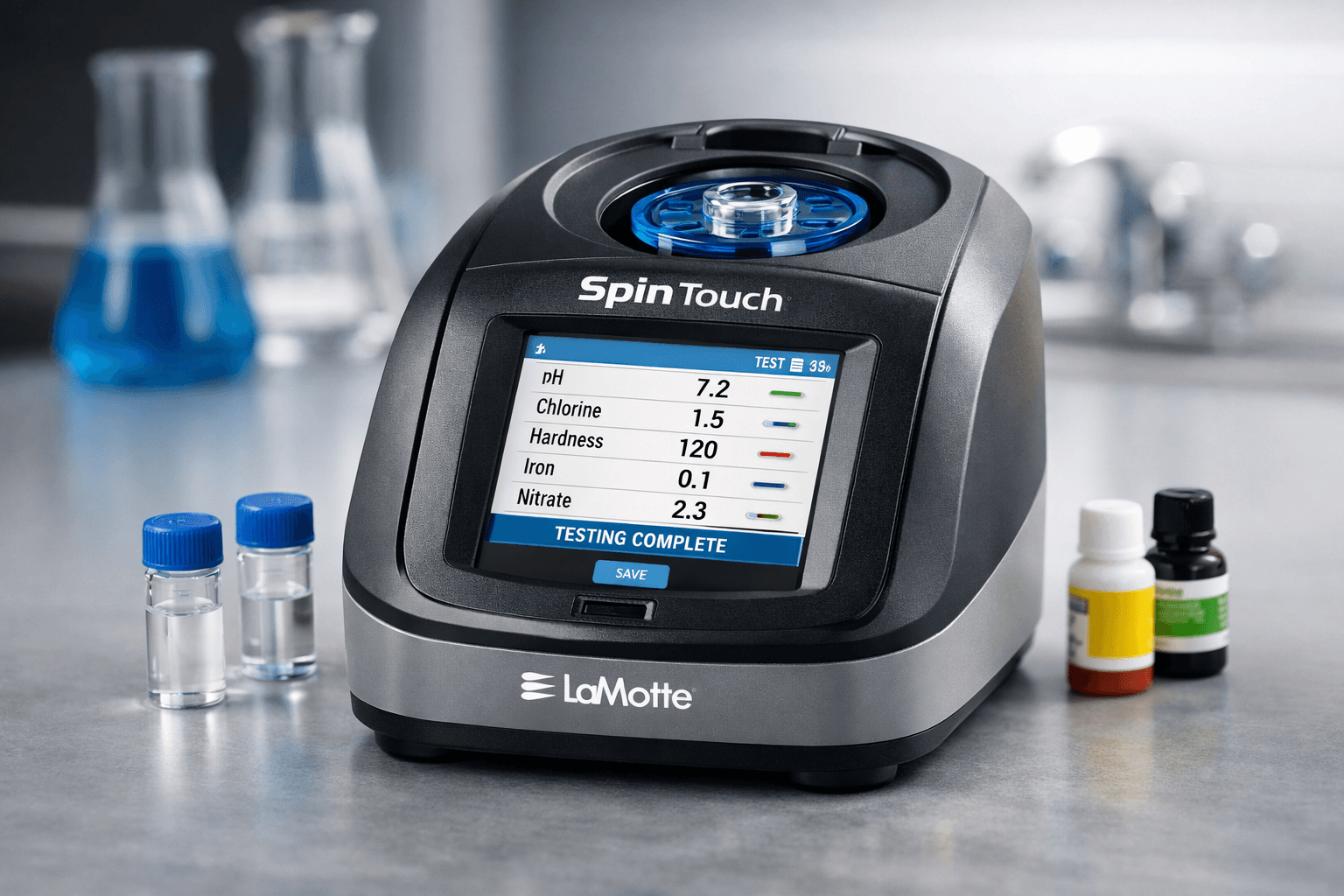 LaMotte Spin Touch water analyzer displaying chemical test results on a screen in a laboratory.