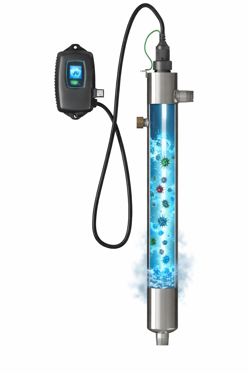 UV water sterilization system with blue light neutralizing bacteria inside a steel chamber and digital controller.