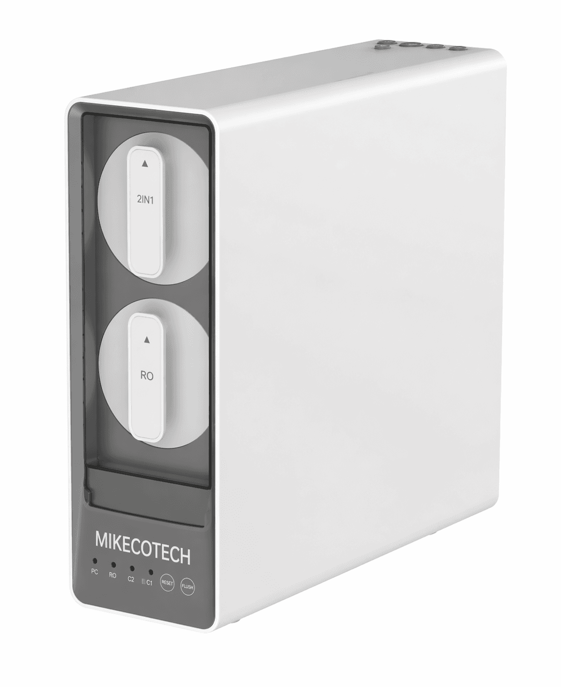 White Mikecotech reverse osmosis water filtration system with dual filter slots and front indicator lights.